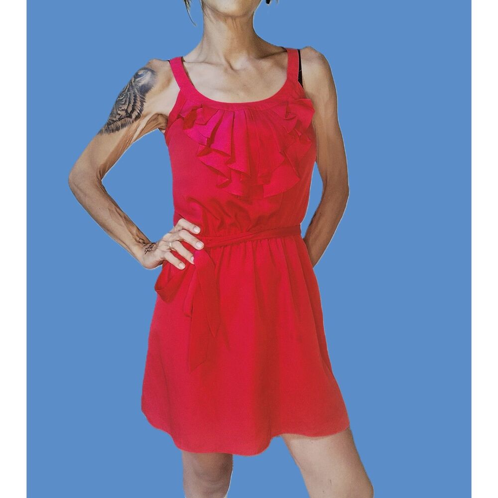 Express Dark Pink Red Ruffle Babydoll Mini Dress XS Waist Tie Pockets Layered